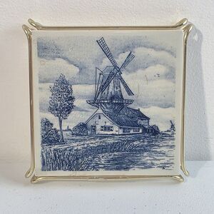 Delft Blue Holland Hand Painted Windmill Tile Trivet 6" x 6" Gold Frame EUC